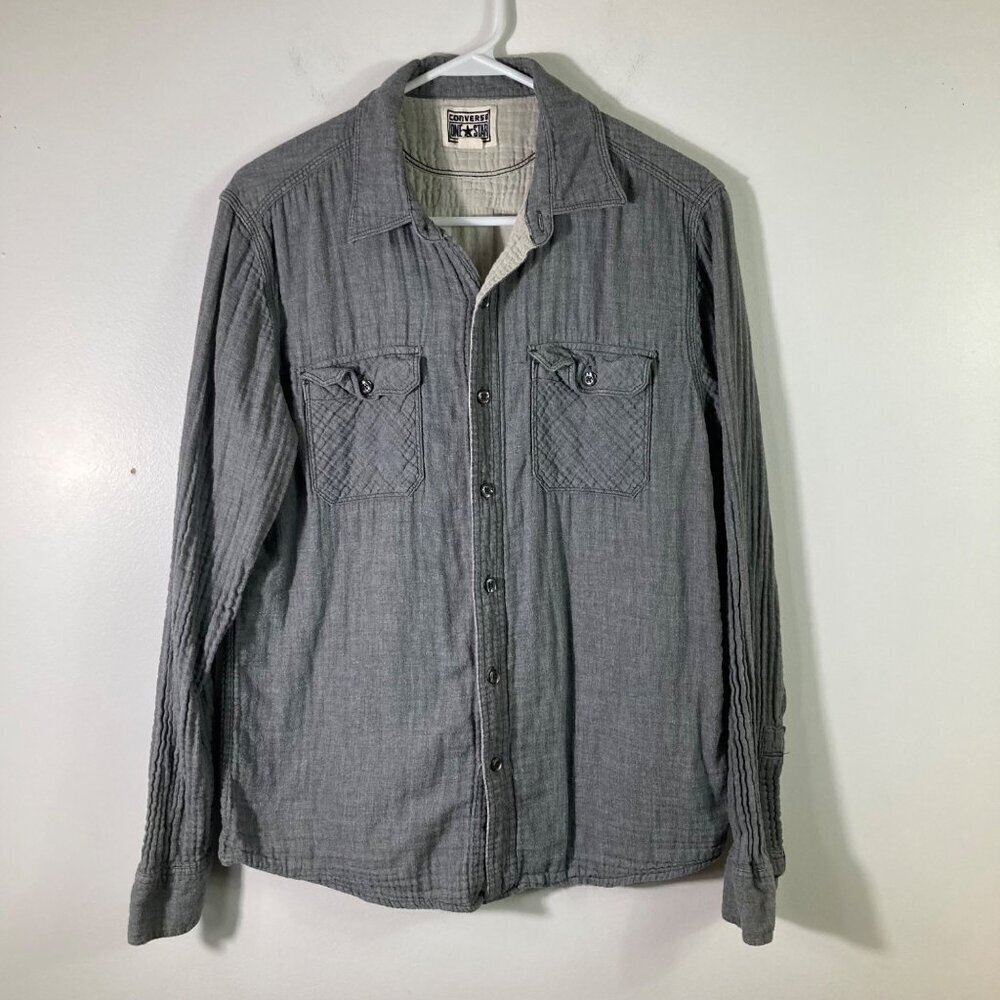 Mens Converse One Star Long Sleeve Waffle Cotton Button Shirt Gray M